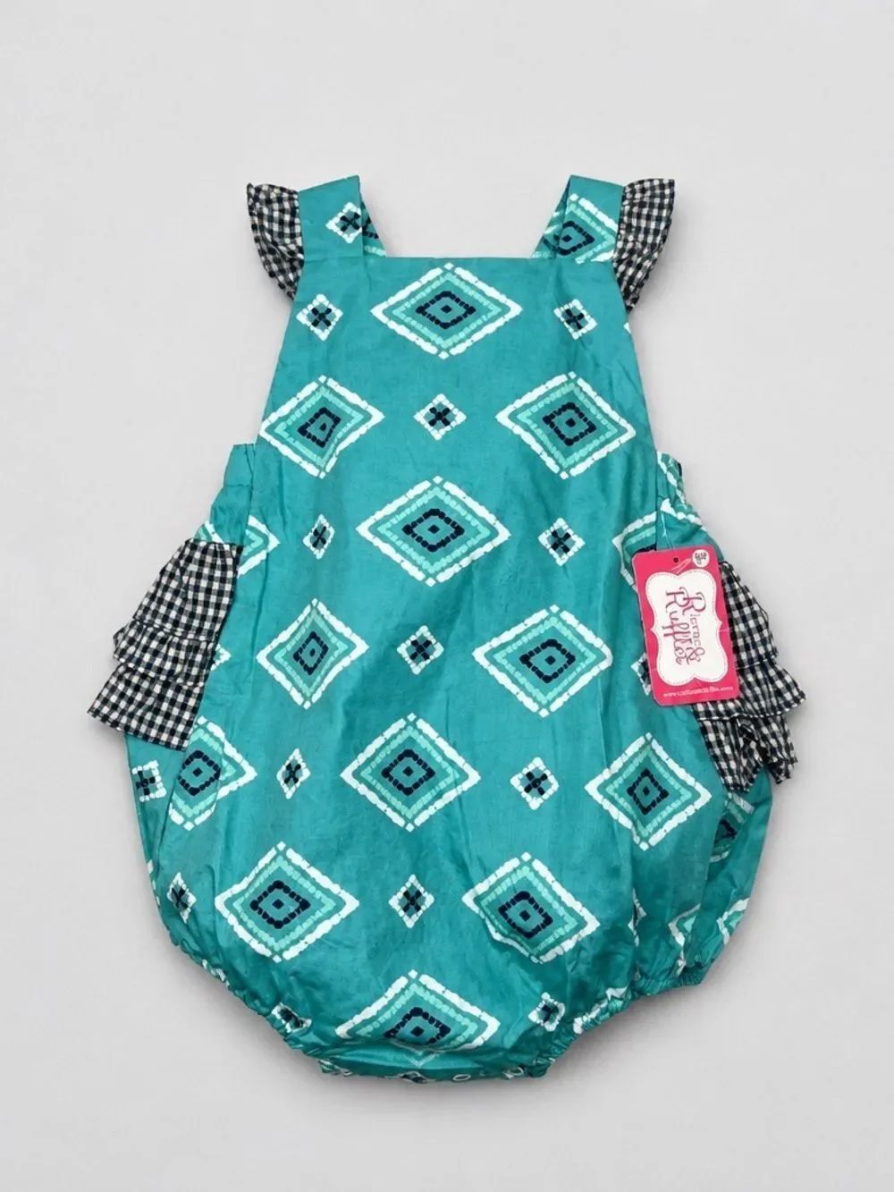 Ricrac & Ruffles green geometric print with gingham ruffles on back sunsuit NWT
